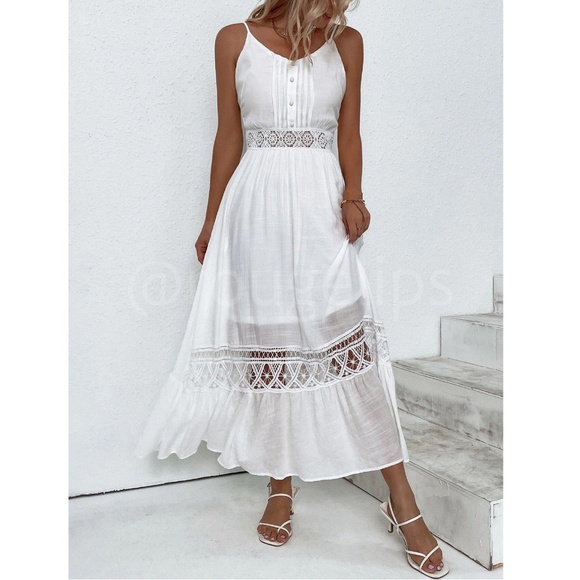 White Long Flared Maxi Dress Cami Tie Back Lace Crochet Detail - Picture 7 of 8